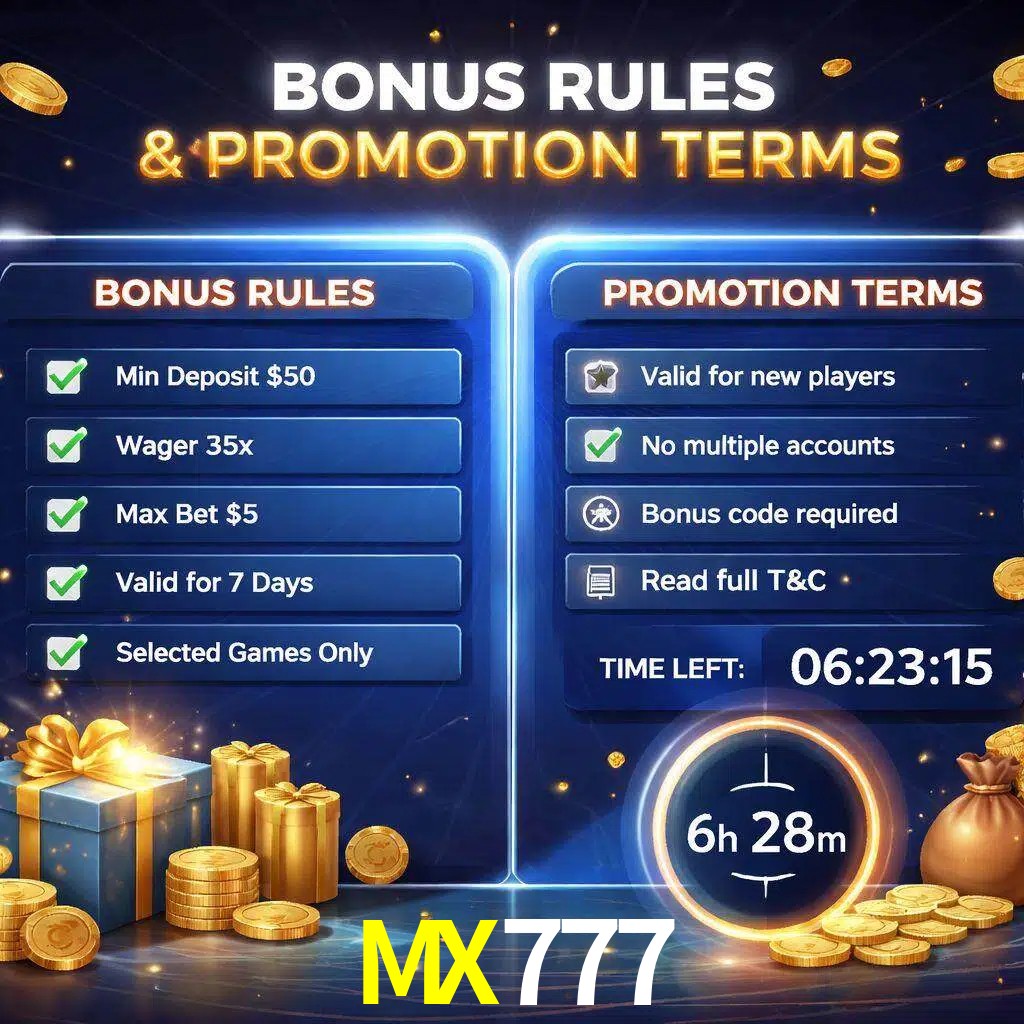 Reglas de promoción MX777 y condiciones de bonos explicadas visualmente