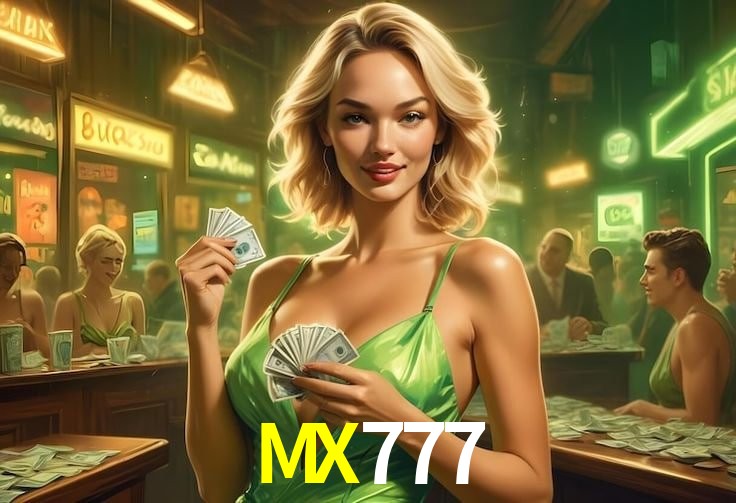 Una escena digital vívida inspirada en casino con MX777 mostrado prominentemente, luces brillantes, fichas, cartas y acentos dorados.