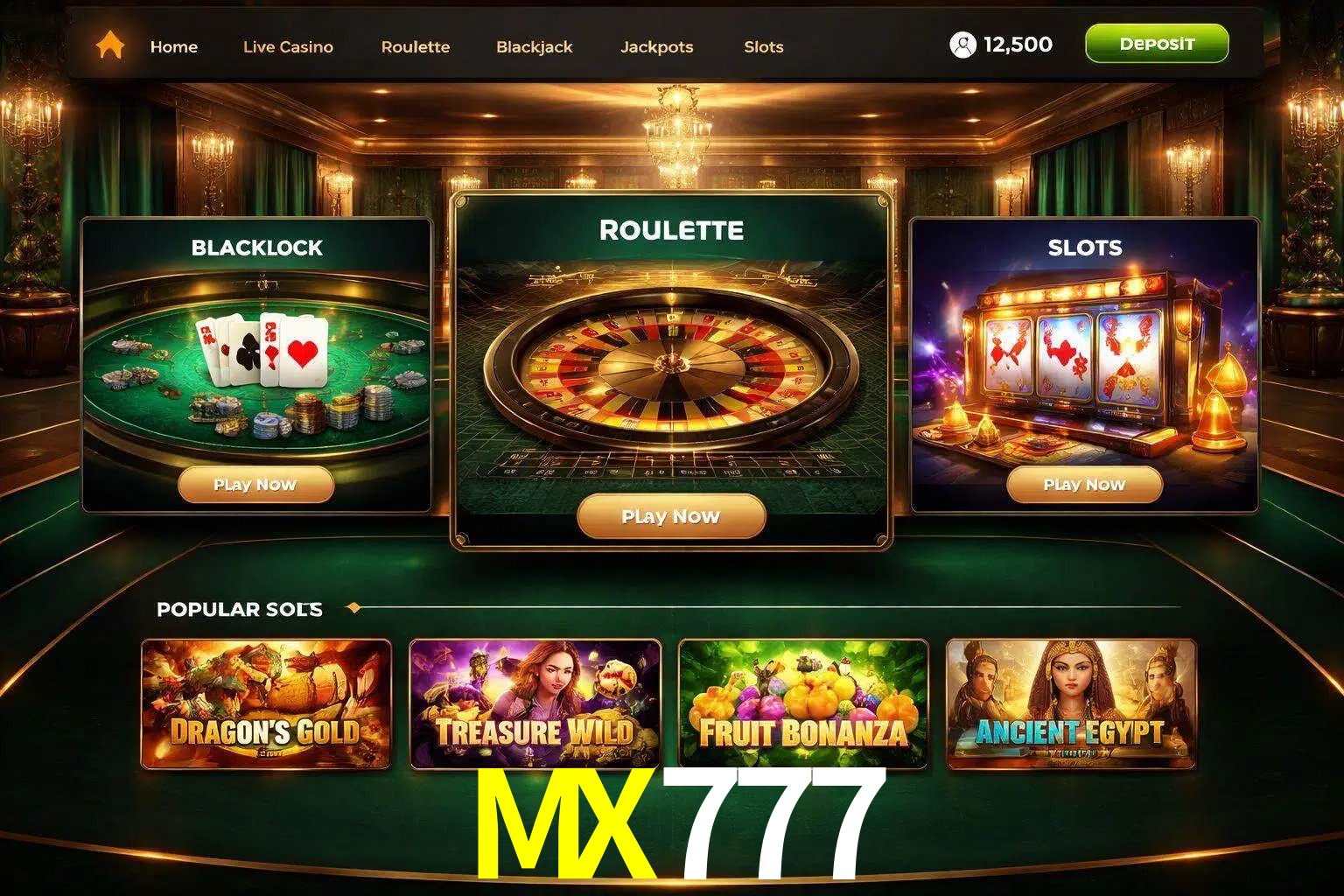 Vista de la plataforma MX777 Casino mostrando categorías organizadas de juegos en línea