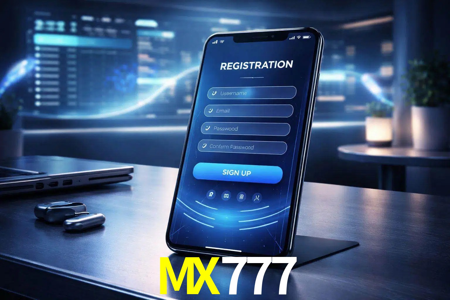 Una interfaz moderna de registro móvil para MX777 mostrada en un smartphone con un panel de apuestas elegante.